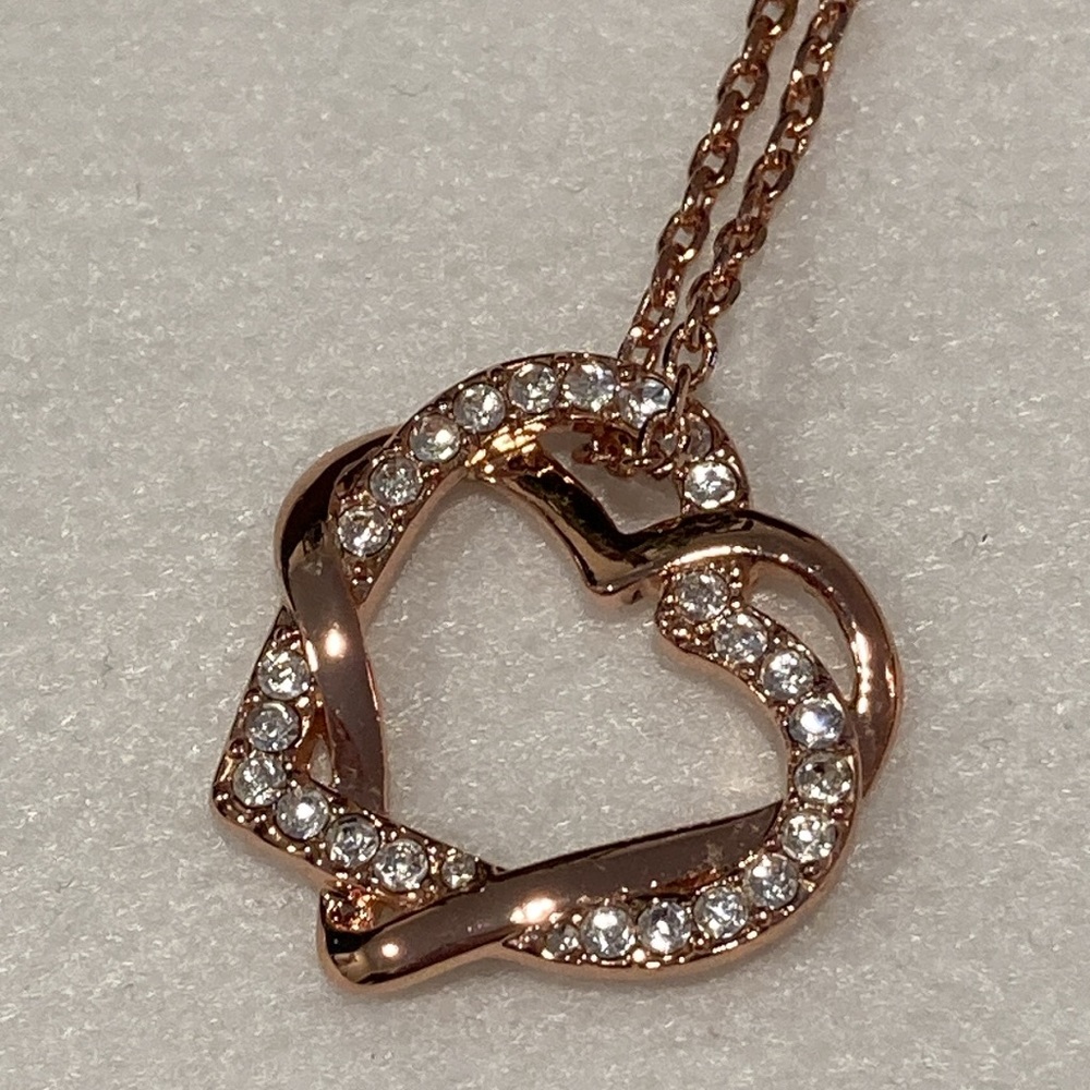 NWOT - New Double Entwined CZ Heart Rose Goldtone Pendant Necklace